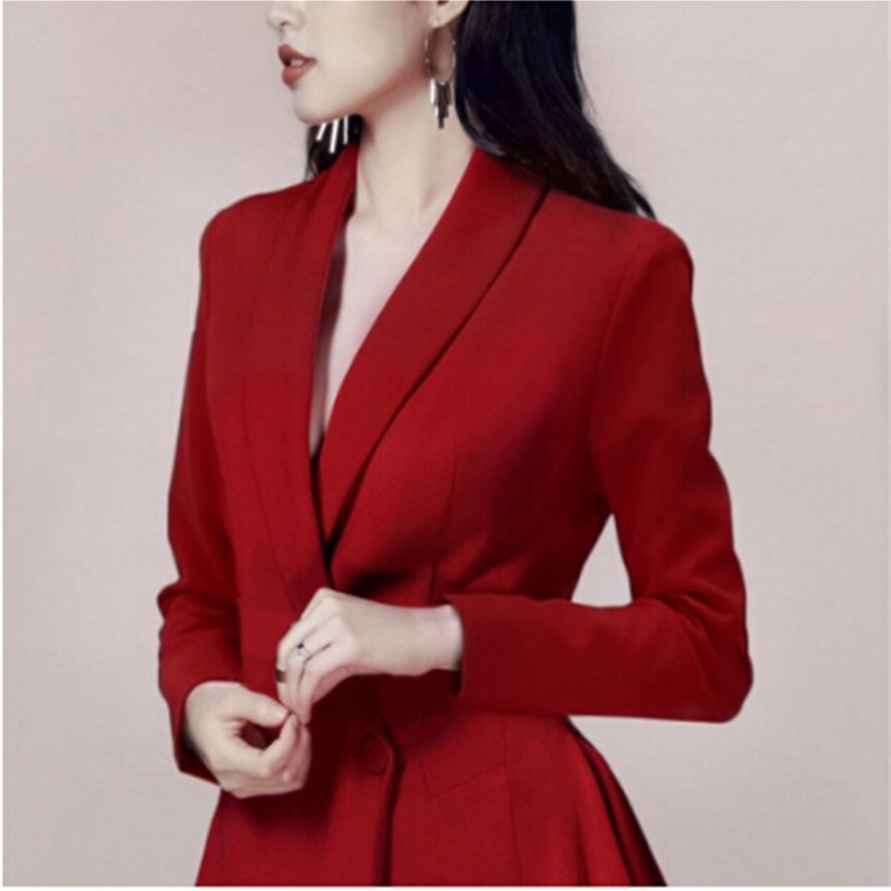 Notched Neck Asymmetry Long Sleeve Dress Women Autumn Office Business Red Vestido De Festa 210520