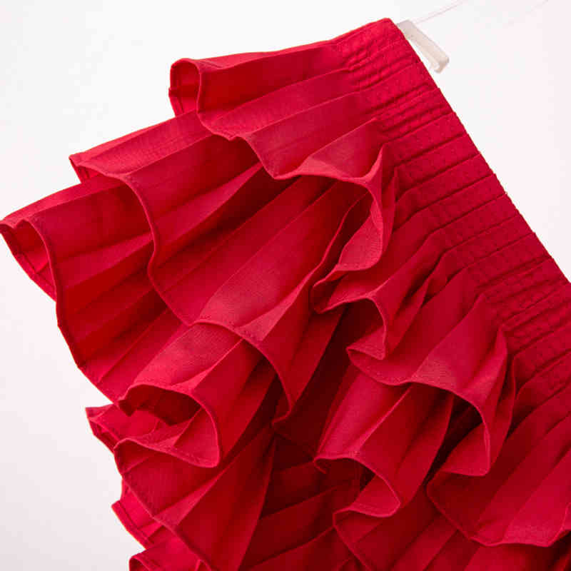 Red Casual Patchwork Ruffle Shirts For Women V Neck Short Sleeve Ruched Slim Blouses Female Summer Fashion 210524