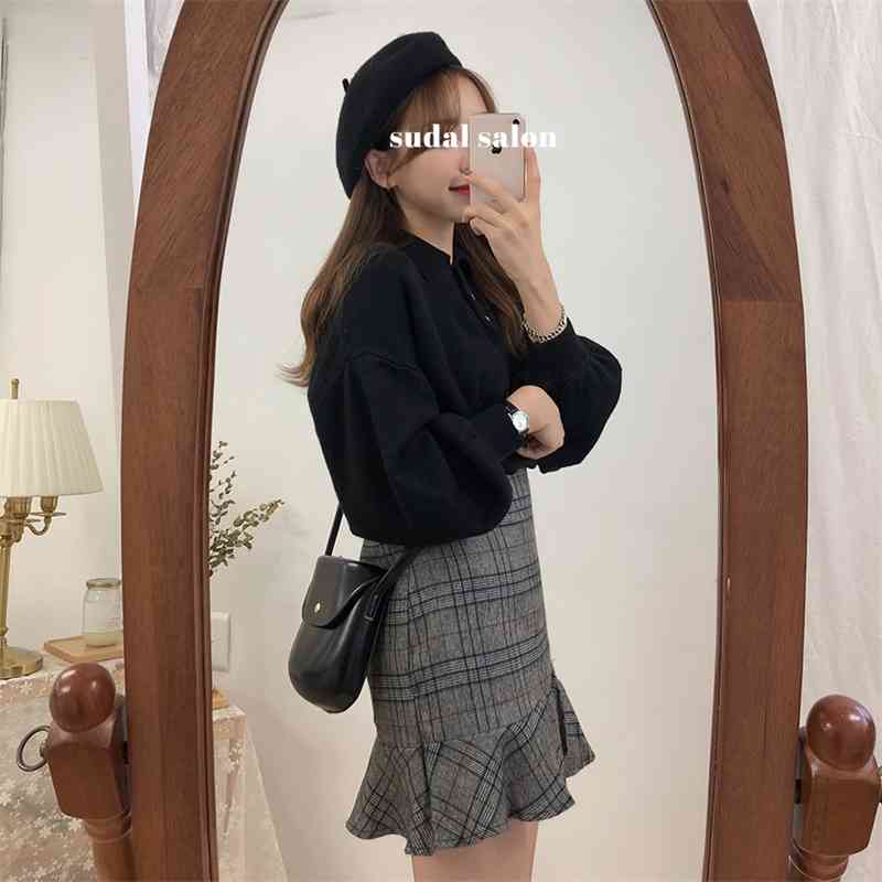 plus size plaid package hip falbala skirts Women Woolen Mini Skirt Autumn Winter Vintage Skater High Waist Femininas 210423
