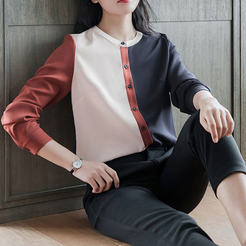 Spring Summer Office Lady Shirts Long Sleeve Patchwork Chiffon Shirt All-matched Casual Ladies Tops Women Blouses D194 210512