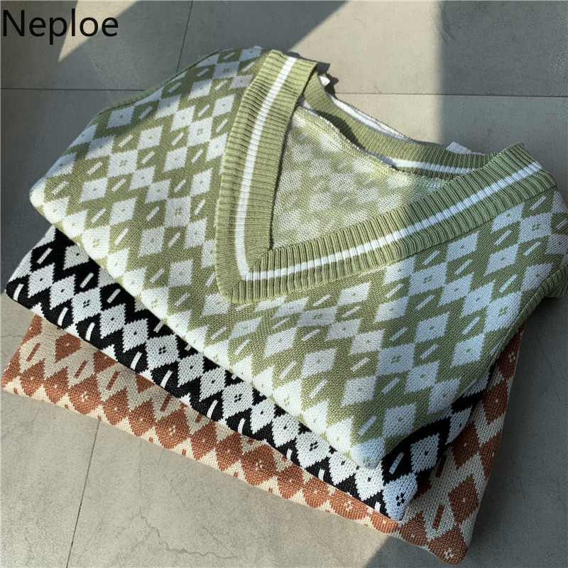 Neploe Women Fashion Oversized Knitted Cropped Vest Sweaters Vintage Sleeveless Coat Tank Female Waistcoat Chic Tops Female 210422