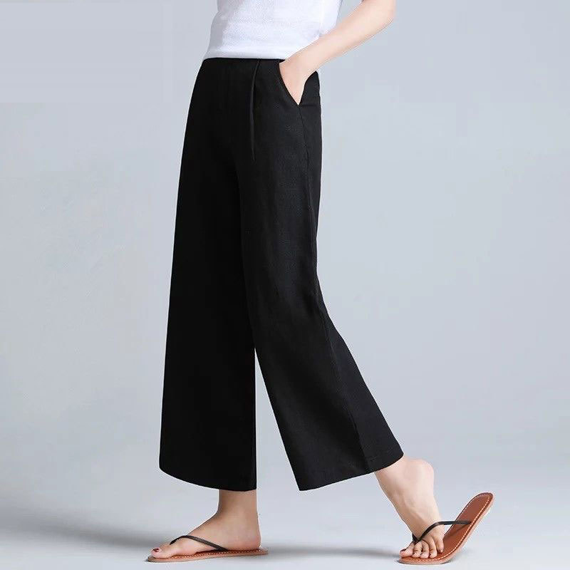 Summer Women Loose Ankle-length Pants Plus Size Elastic Waist Casual Wide Leg Solid Cotton Linen D56 210512