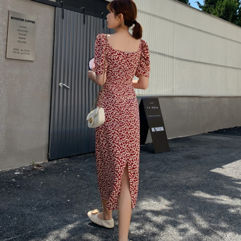 Casual Summer Female Long Dress Flower Short Sleeve Holiday Boho Beach Dress Women Square Collar Vintage Dress Vestidos 210331