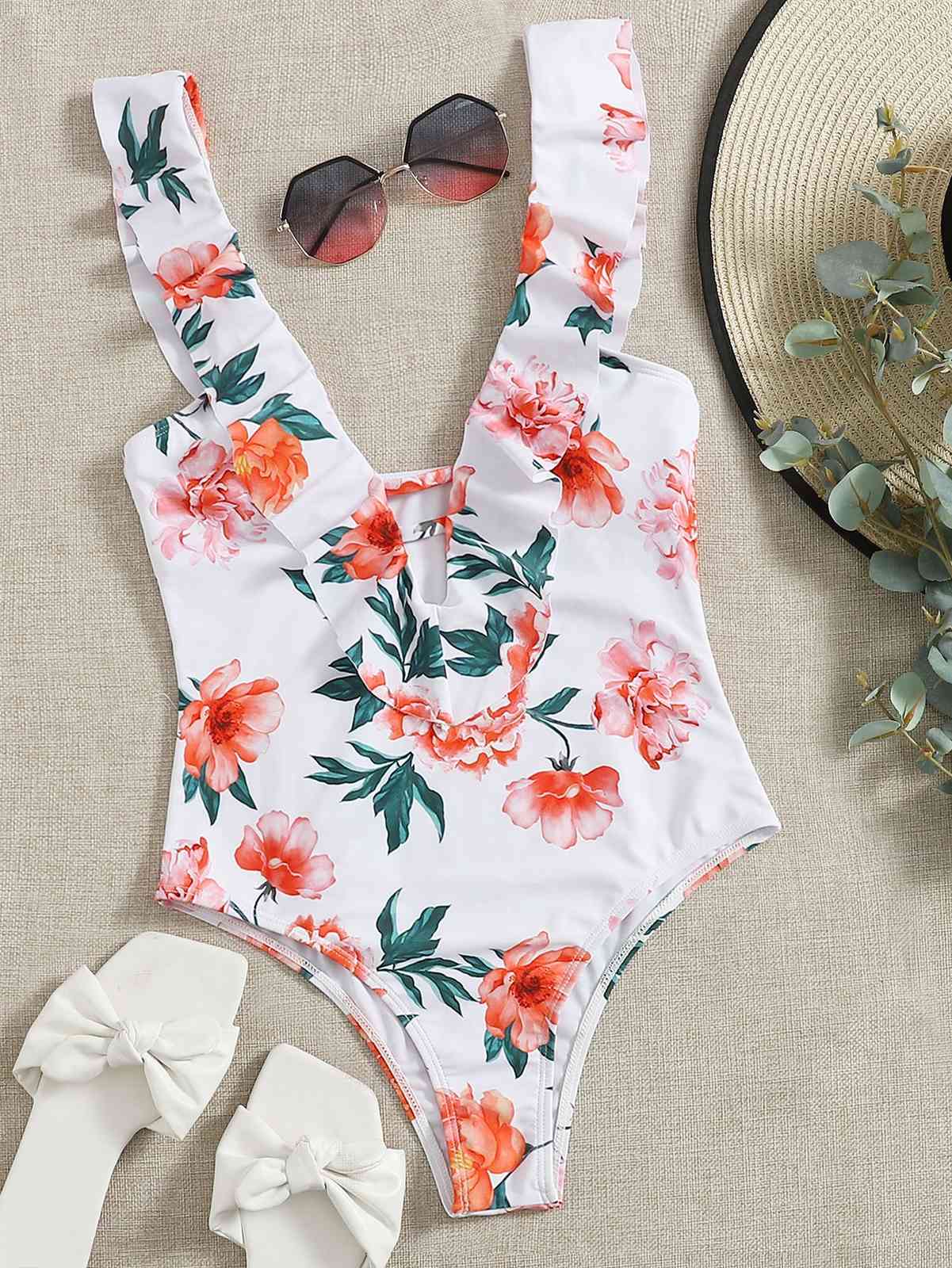 Sexy One Piece Swimsuits Female Shoulder Floral Women Swimwear Push Up Bathing Suits Bodysuits Beach wear Ruffle Monokini B412 210420