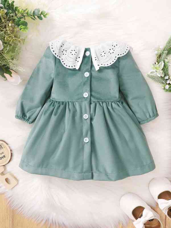 Baby Eyelet Embroidery Scallop Trim Button Back Velvet Dress SHE