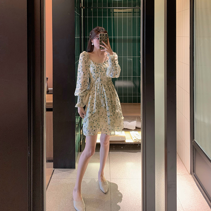 Korean Style Square Collar Elegant Vingate Dress Women Long Sleeve Floral Printed Dress Beach Dress for Females Summer Chic 210521