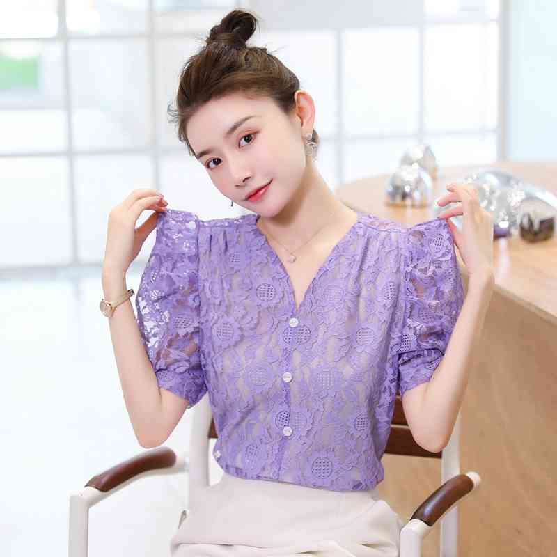 Blusas Mujer De Moda Summer Sexy Lace Puff Sleeve Women Shirt Elegant V-Collar Short Fashion Blouse Tops 9667 210506