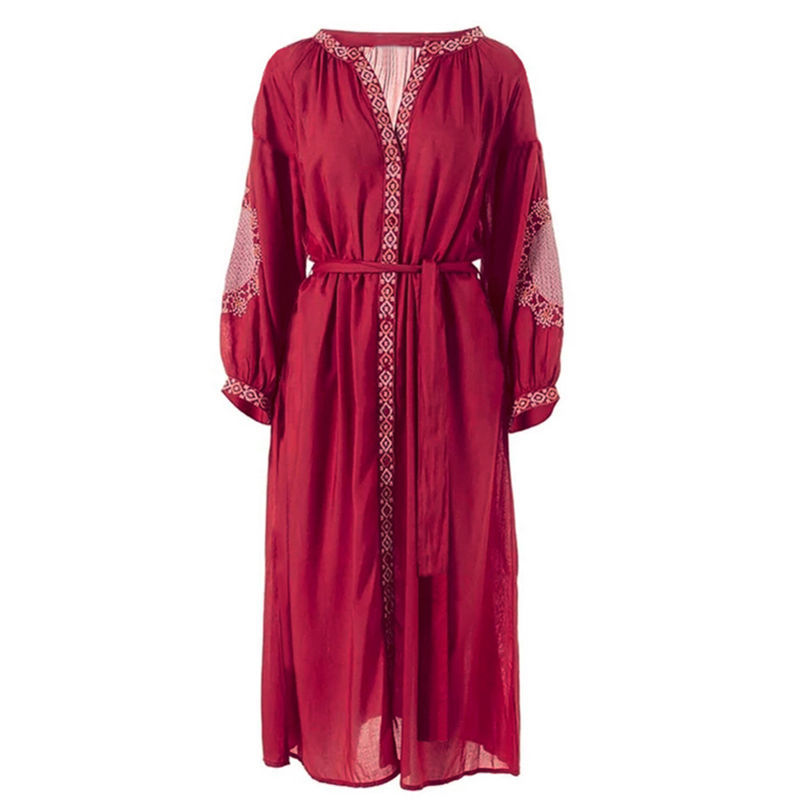 Red Bohemian Embroidered Front Open Summer Beach Dress Long Cotton Tunic Women Plus Size Beachwear Swimsuit Cover Up Q1010 210420