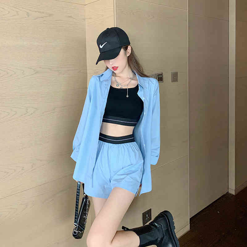 est Women's Fashion 3 Piece Set Casual Long Sleeve Blouses + Sexy Black Vest Crop tops Short Suits 210519