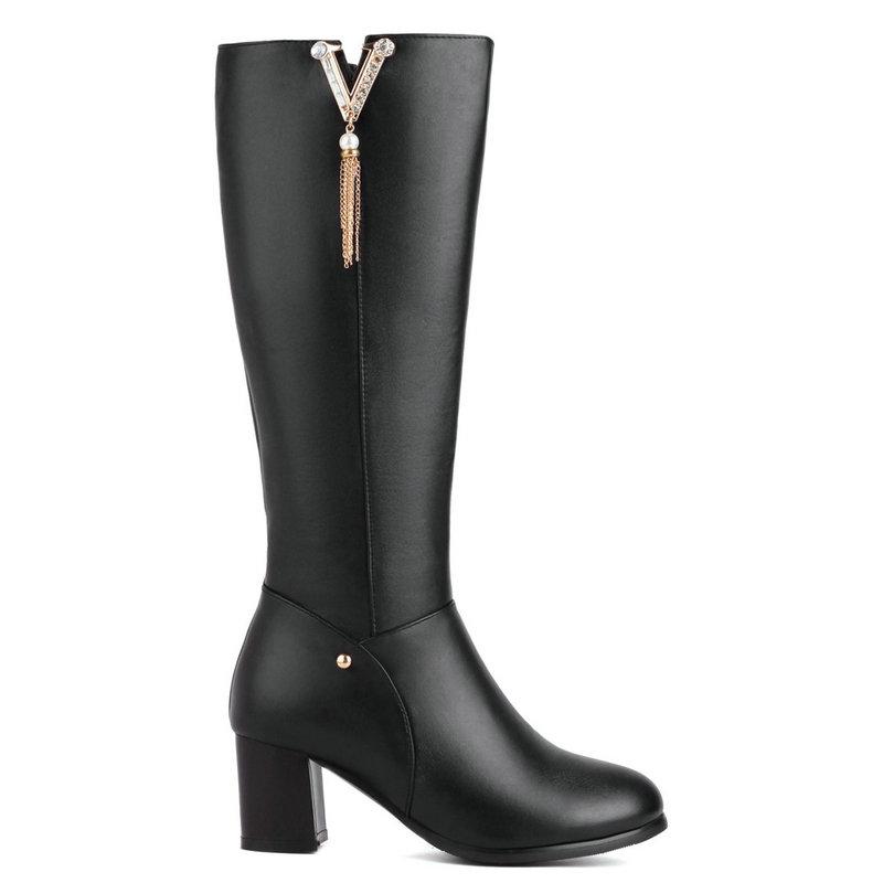 Boots Ladies Winter Fashion Square Heel Zipper Rhinestone Knee High Spring Autumn Metal Decoration Round Toe Long