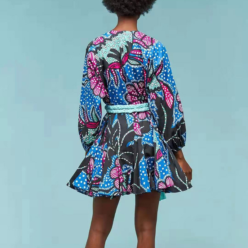 VGH Print Dress For Women O Neck Long Lantern Long Sleeve Patchwork Bandage High Waist A Line Casual Dress Female Clothing 210421