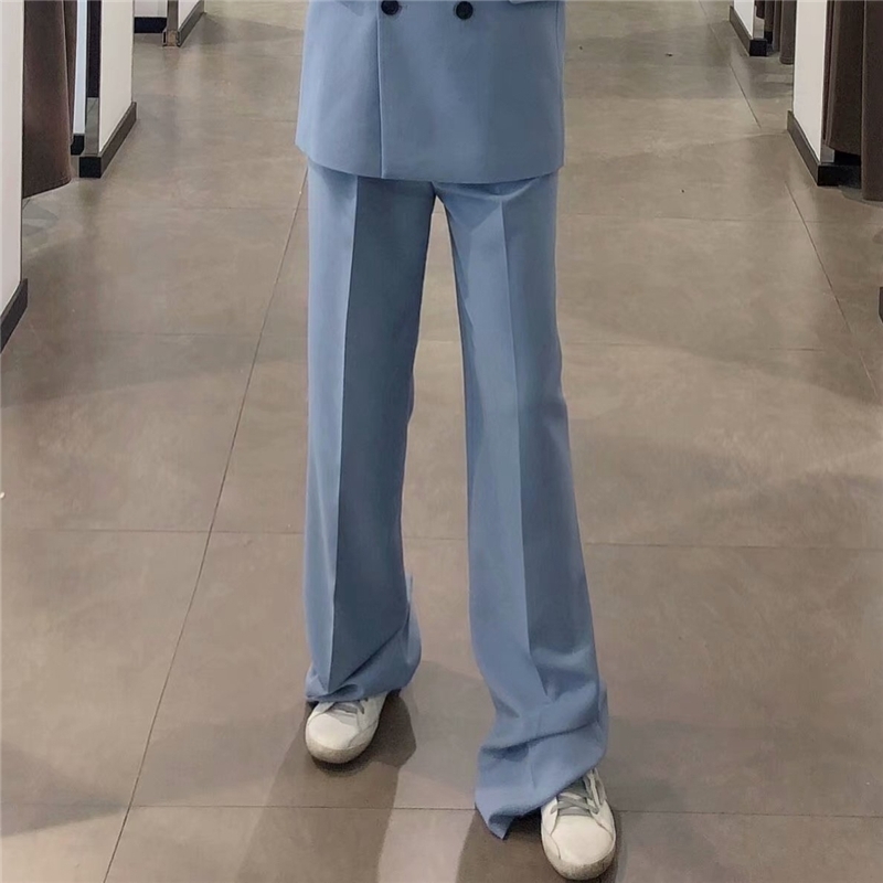 Elegant Women Blue High Waist Pants Fashion Ladies Solid Straight Trousers Causal Female Chic Pocket Long 210430