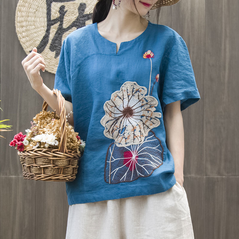 Summer Style Women Tshirt Plus Size Short Sleeve Loose V-neck Tops Cotton Lady Lotus Leaf Embroidery Vintage Tee Shirt HXJ3 210512