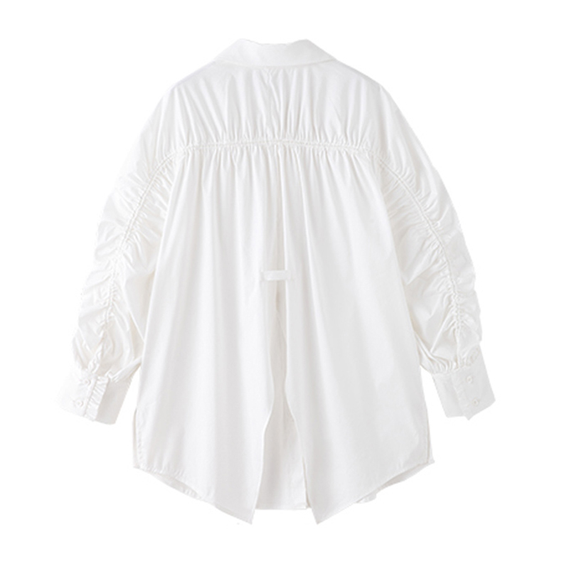 Casual Solid Ruched Shirt For Women Lapel Long Sleeve Minimalist Basic Loose Blouse Female Fashion Spring 210524