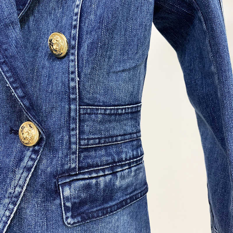 HIGH STREET Fashion Blazer Jacket Women's Metal Lion Buttons Double Breasted Denim Blazer Outer Coat 201013