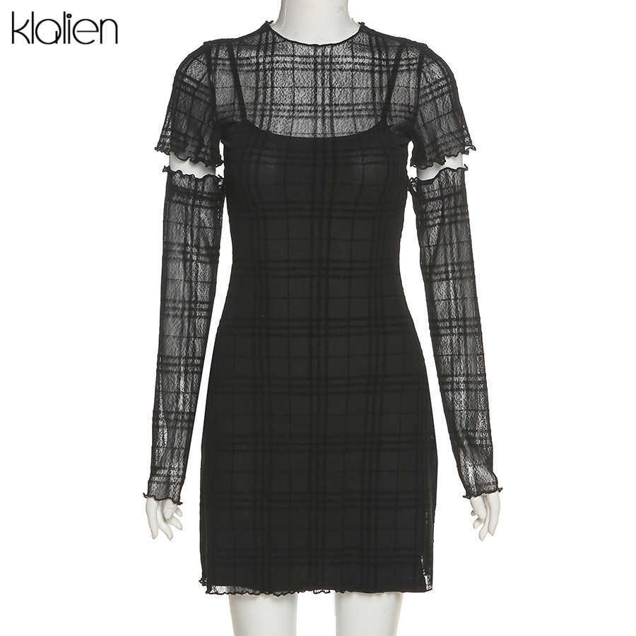 KLALIEN Spring Fashion Simple Plaid Patchwork Young Style Dress Women Casual Street Slim Office Lady Black Mini Dress 210630
