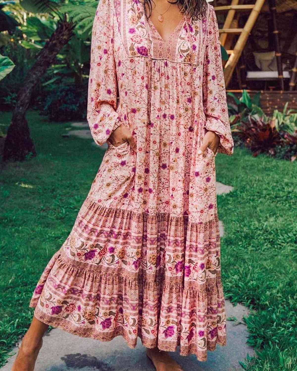 BOHO Lacing up V neck Pink Floral Print Long Sleeve Dress Holiday Women Spliced Pleated Hem Maxi Dresses Beach Vestido 210429