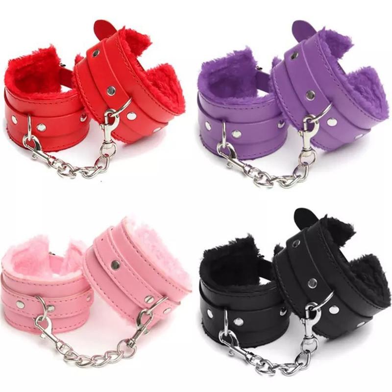 Link Chain 2021 Sexy Adjustable PU Leather Plush Handcuff Ankle Cuff Restraints Bondage Sex Toy Bracelet Bangle