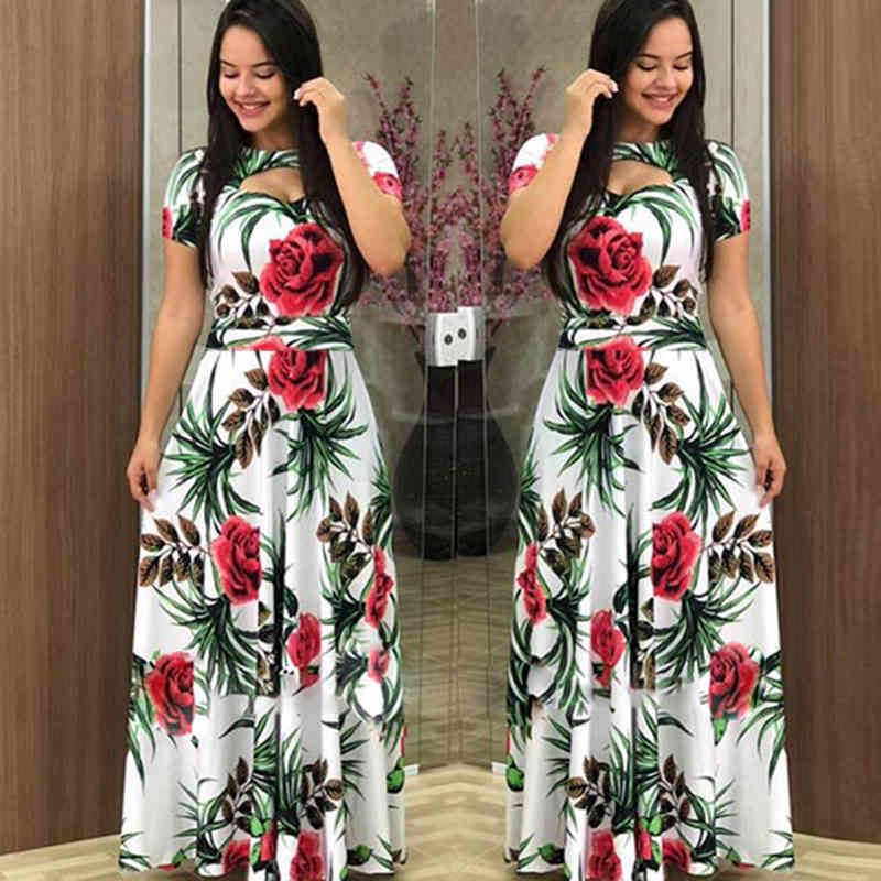 Spring Summer Women's Dress Fashion Floral Print Elegant Casual O Neck Hollow Out Boho Maxi Dreses Plus Size Vestidos 210522