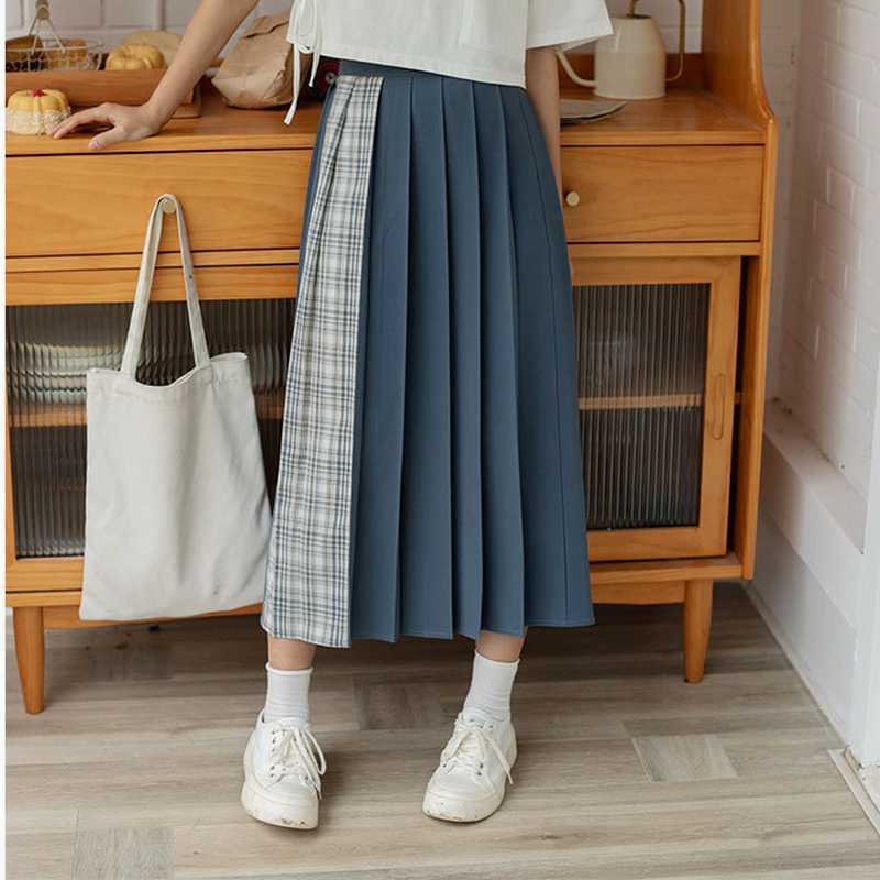 Preppy Style Patchwork Pleated Skirts Womens Summer All-match Japanese High Waist Silm Jupe Fashion Sweet Fresh Bottoms 210525
