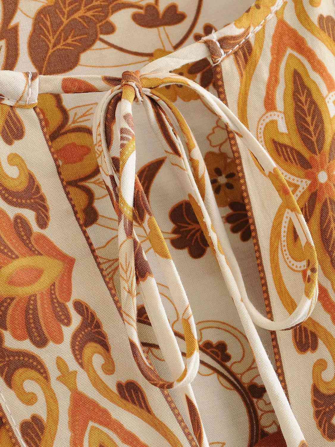 Bohemia Lacing up V neck Pteris flower Print Long Dress Khaki Ethnic WomanTassel Strappy Sleeve Holiday Dresses Beach 210429