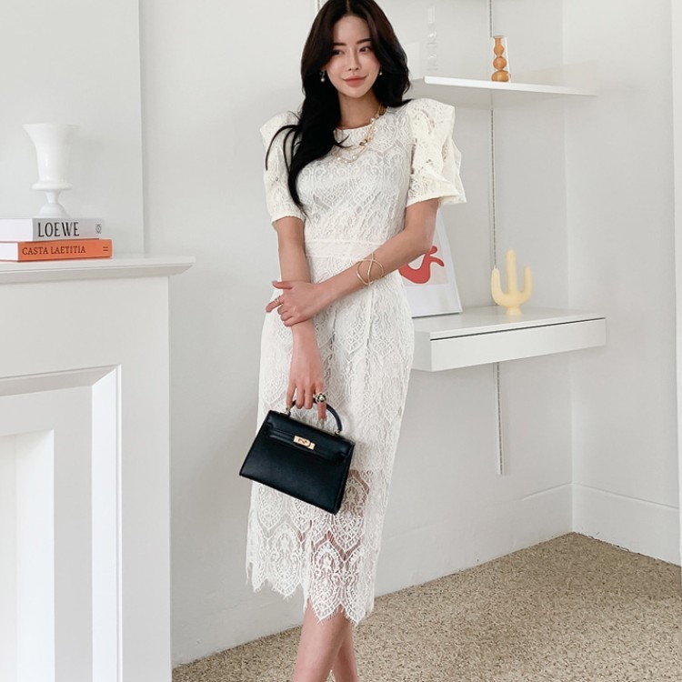 Summer Women's Vintage Lace Dresses Elegant Office OL Fashion O-Neck Puff Sleeve Bodycon Slim Pencil Dress Vestidos 210519