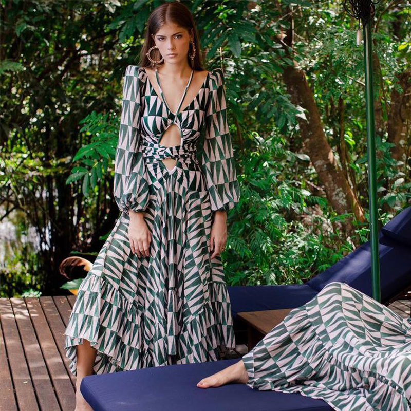 Vintage Geometric Print Bikini Cover-ups Sexy Cross Open Back Long Sleeve Summer Dress Women Beach Wear Swim Suit Cover Up A888 210420