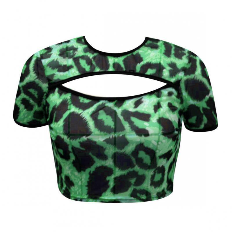Women T Shirt Leopard Print Tee Female Hollow Out Perspective Sexy T-shirt Summer Tops Crop Top Short Tshirt 210524