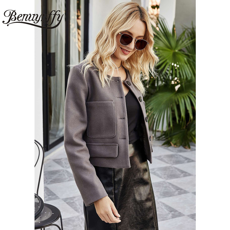 Crew Neck Pocket Front Short Jacket Coat Women Autumn Winter Vintage Long Sleeve Button Up Outwear Female 210510