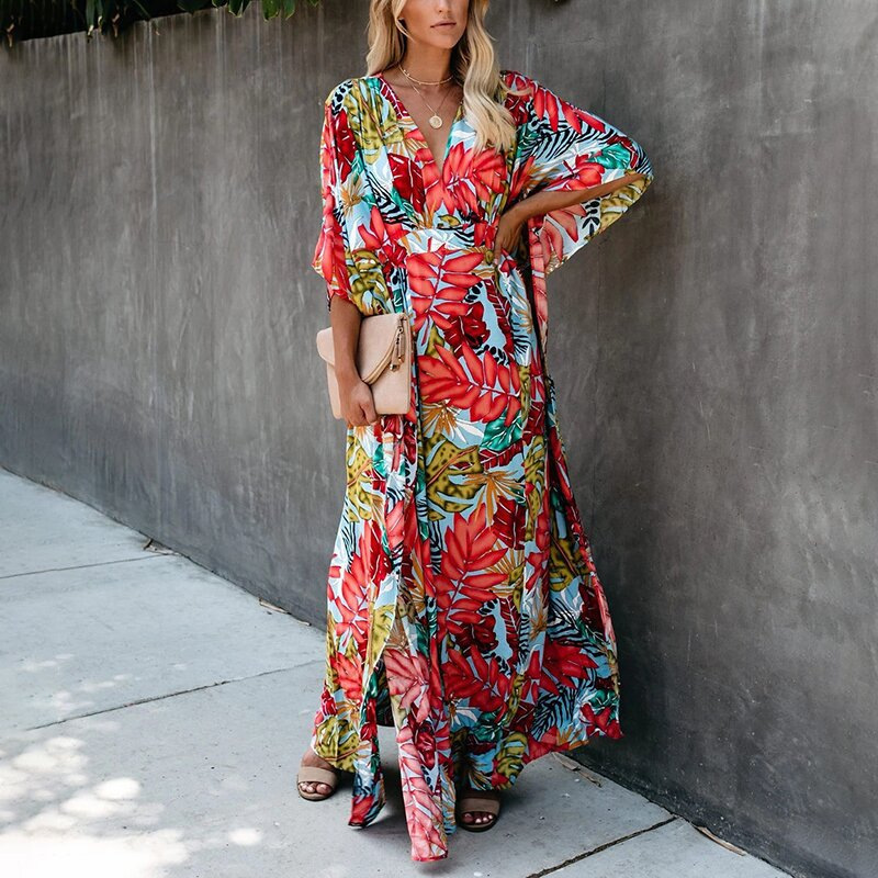 Women Dress V Neck Printed Bohemian Loose Casual Floral Maxi es Plus Size Long Summer es Fashion 210513
