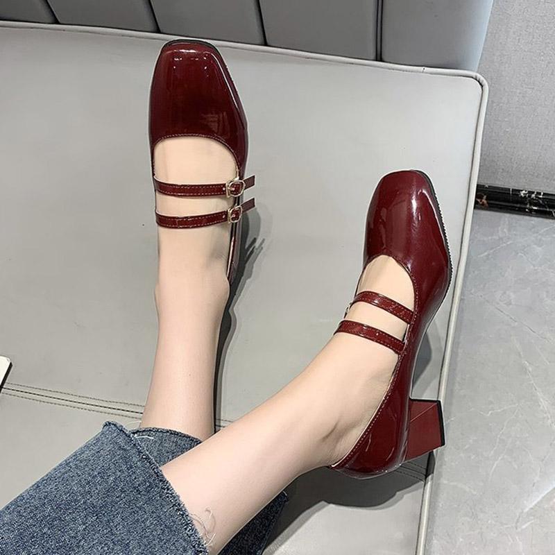 Spring Autumn Women Double Buckle Mary Janes Shoes Patent Leather Dress High Heels Pumps Retro Ladies Shoe Black Red