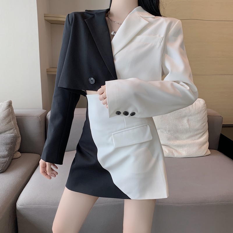 Kimutomo Fashion Two Piece Set Women Hong Kong Style Black White Patchwork Blazers and High Waist Mini Skirt Spring Chic 210521