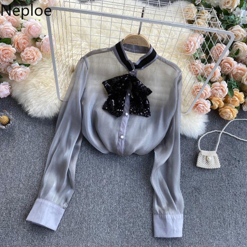 Neploe Spring Elegant Women Blouses Chic Sequined Bow Tie Shirt See Through Office Lady Tops Blusas Mujer Korean Fashion Clothes 210422