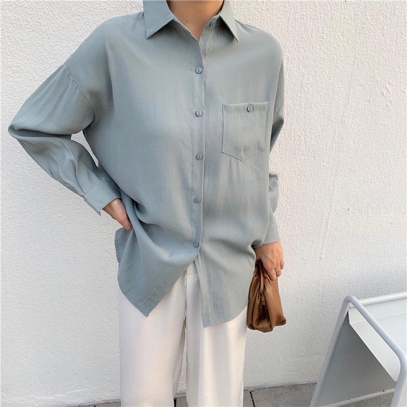 Spring High Quality Solid Large Size Office Lady Basic Shirts Chic Gentle Pockets Brief All Match Blouses 210421