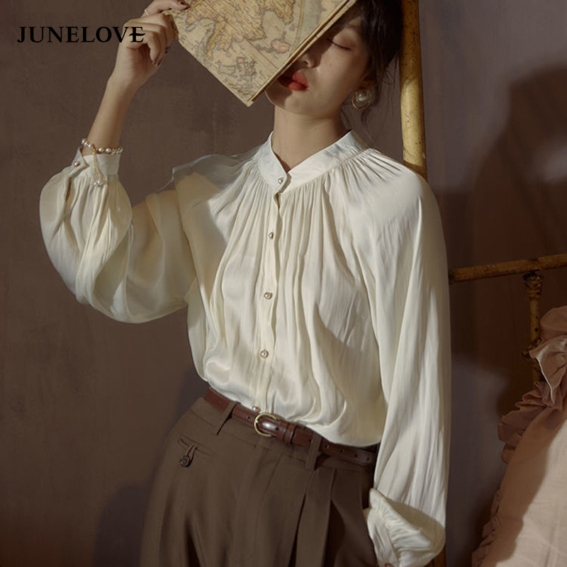 Wonder Solid Elegant Loose Blouse Female O-neck Vintage Long Sleeve Botton Lady Fashion Lantern Shirts 210510