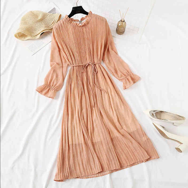 LoveFlowerLife Female Casual Flare Sleeve Office Chiffon Dot Print Dresses A-line Vintage Sweet Elegant Polka Dot Women Dress 210521