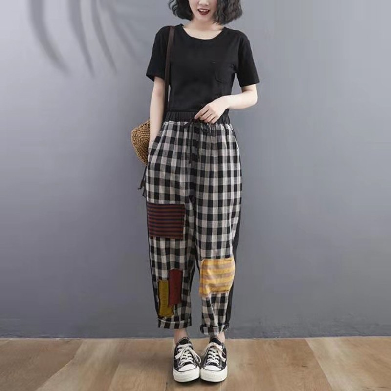 Arrival Summer Women Loose Casual Elastic Waist Ankle-length Pants Plaid Cotton Linen Patchwork Harem W207 210512