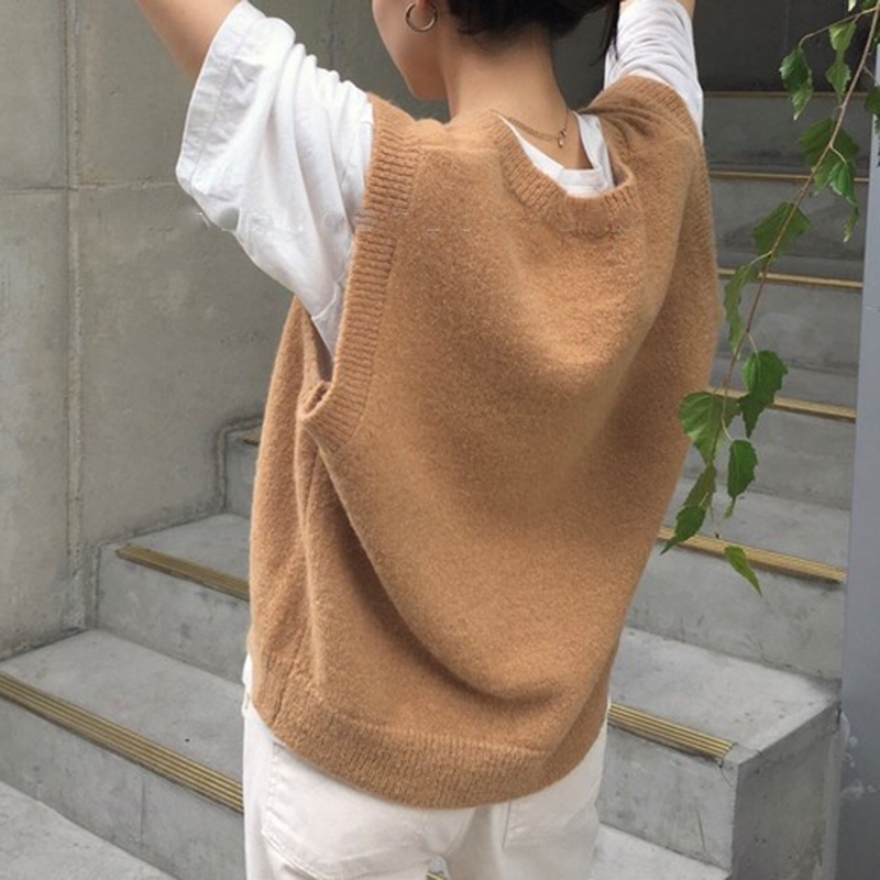 Sleeveless Loose Knitted Women Vintage Pullover V-neck Sweater Vest Autumn Winter Warm Sweaters Oversize 12231 210415
