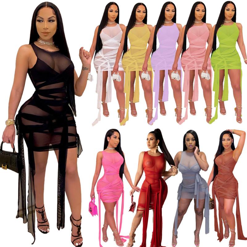Women's Sexy Mesh Perspective Bandage Sleeveless Vest Dress Two Piece