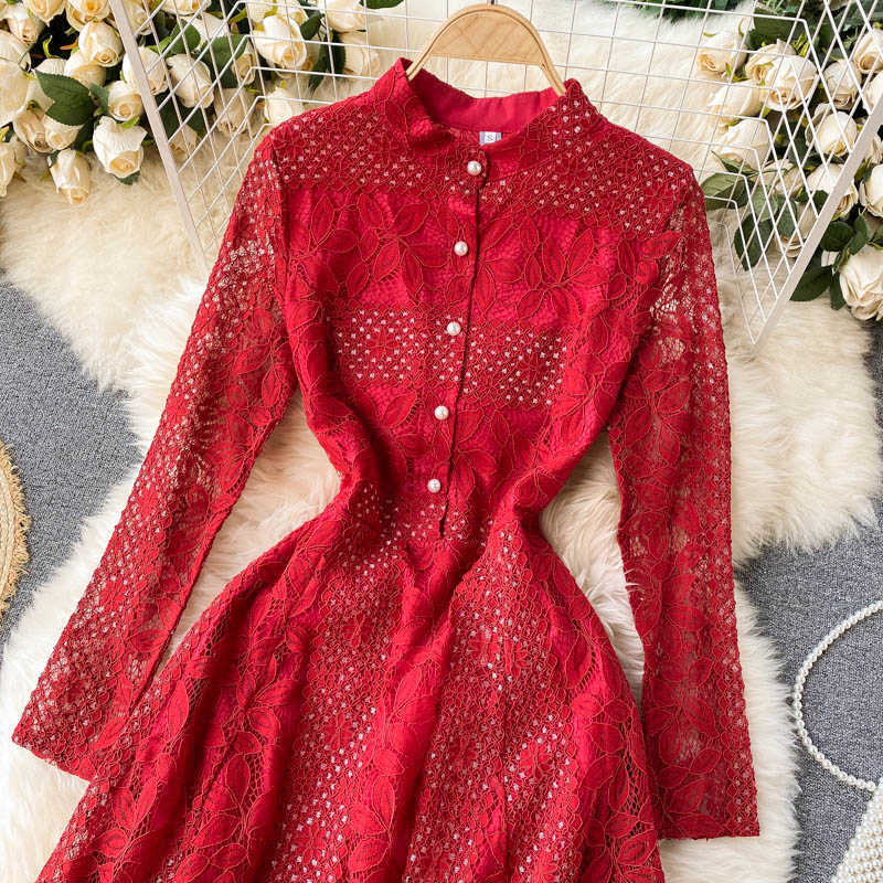 LY VAREY LIN Spring Autumn Women O-neck Vintage Single Breasted Midi Dress Office Ladies Lace Patchwork Fairy 210526