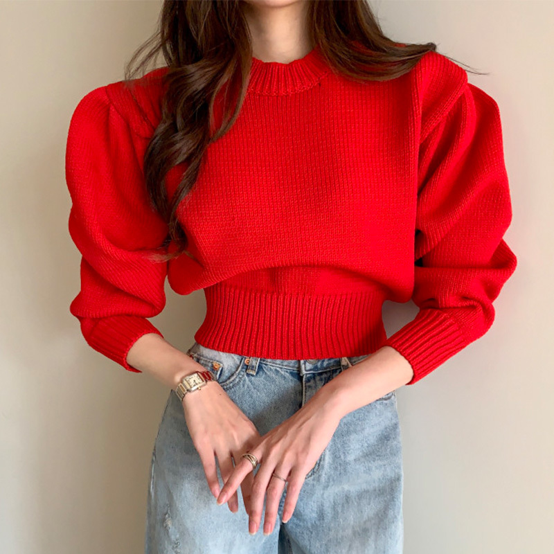 Candy Color Autumn Solid Pullovers Puff Sleeve Winter Korean Short Mujer Sueteres Elegant Sweaters Women 18480 210415