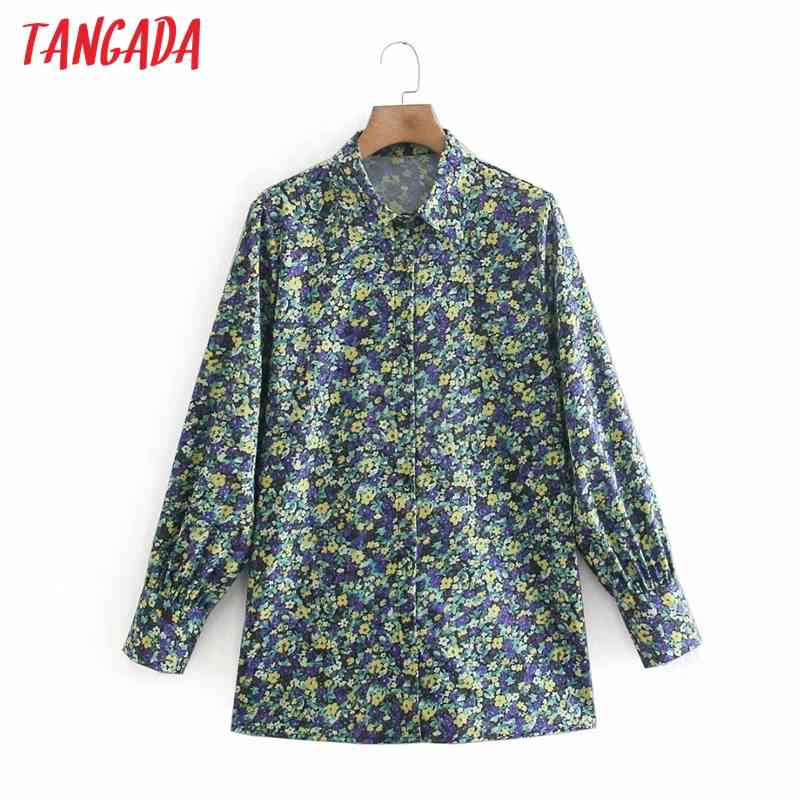 Women Retro Green Flowers Print Chiffon Shirt Blouse Long Sleeve Chic Female Tops XN301 210416