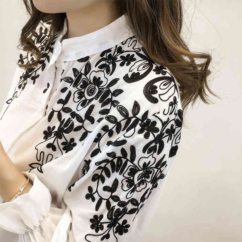 Fashion Korean Flower Female Clothing Embroidery Blouse Shirt Cotton Embroidered Tops Style Fresh shirt 529E 25 210518