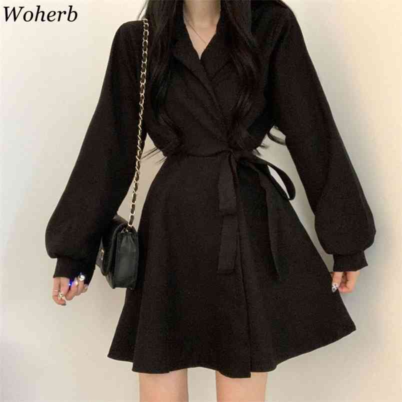 Lantern Sleeve Black Dress Women High Waist Hip A-line Vestidos Mujer Slim Fit Lace-up Bow Temperament Dresses 4l064 210519