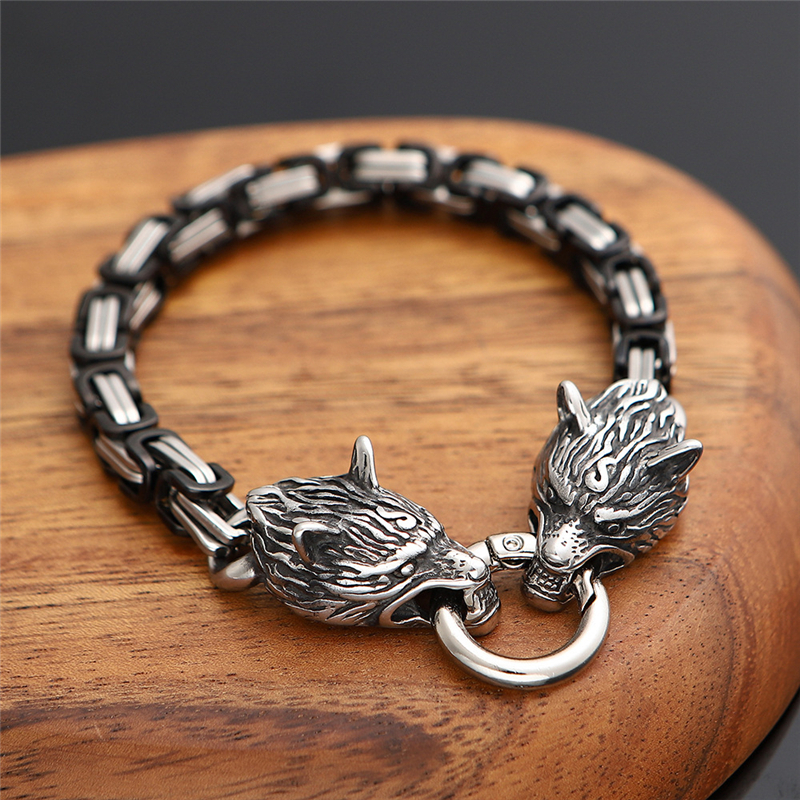 Norse Viking Wolf Head Bracelet Men Never Fade Stainless Steel Gold Square King Chain Bangles Street Culture Accessories Jewelry
