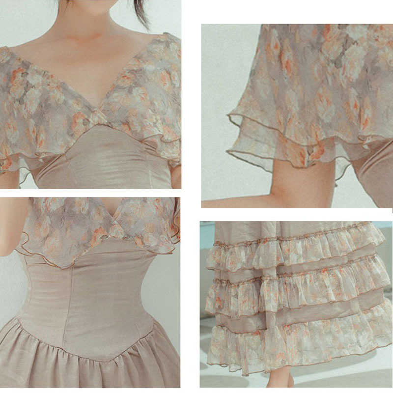 vintage vesdios long dresses ruffles floral print v neck butterfly sleeve summer party patchwork high waist 210421
