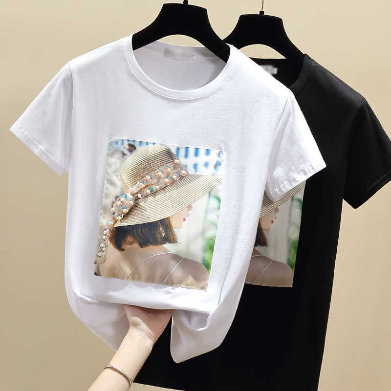 Women Summer T Shirts Tops Beading T-Shirt Cotton Tshirt White Black Short Sleeve Vetement Femme Korean Clothes 210604
Women Summer T Shirts Tops Beading T-Shirt Cotton Tshirt White Black Short Sleeve Vetement Femme Korean Clothes 210604