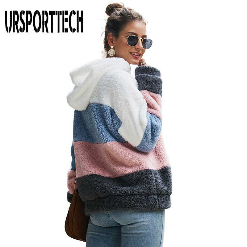 Fax Fur Hoodies Women Hooded Sweatshirt Striped Long Sleeve Autumn Pullover Ladies Thick Warm Teddy Hoodie Casual Streetwear 210528
