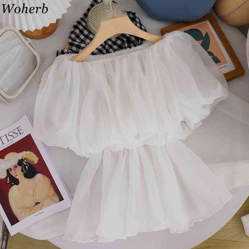 Women Sweet Ruffles Blouse Sexy Off Shoulder Blusas Solid Elegant Puff Sleeve Ladies Summer Korean Shirts Chic Tops Mujer 210519