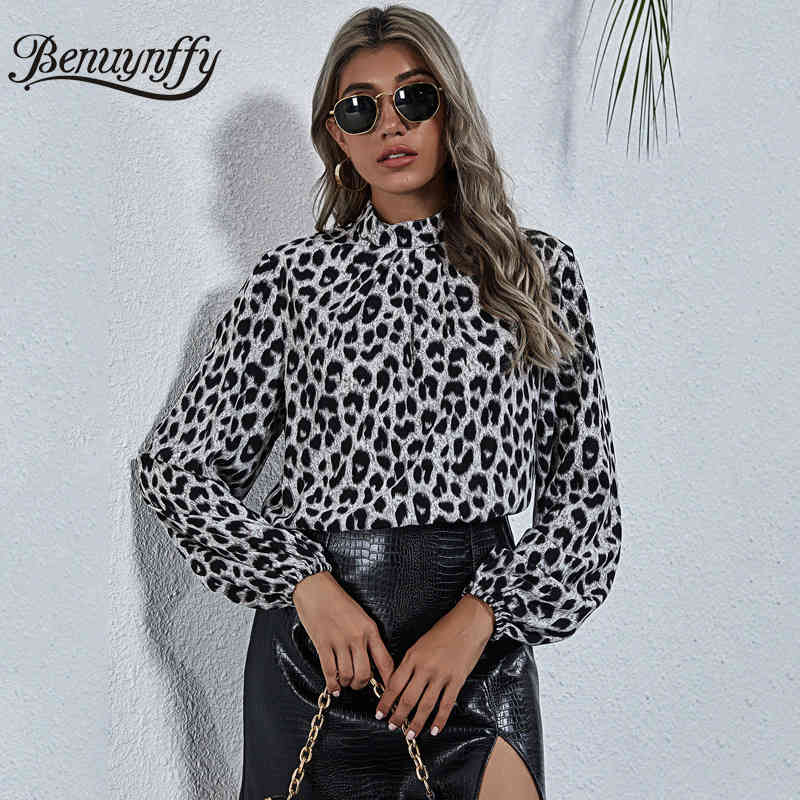 Stand Collar Leopard Print Women Tops and Blouses Spring Lantern Long Sleeve Office Lady Elegant Blouse 210510